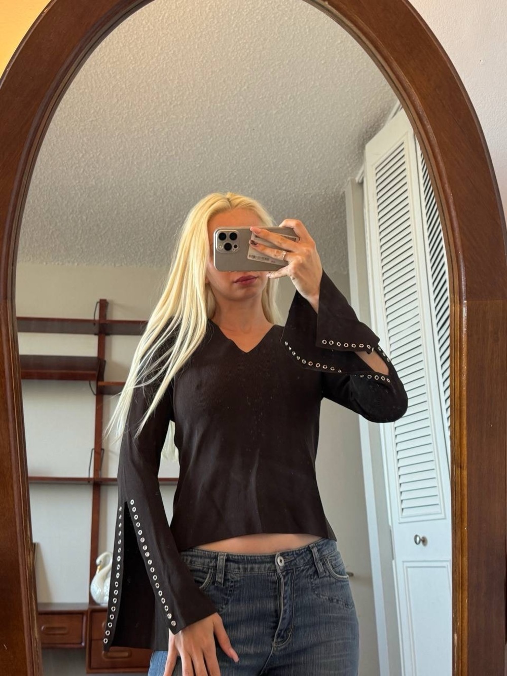 Women's Dark Brown V-Neck Long Sleeve Top with Eyelet-Trim Slit Sleeves